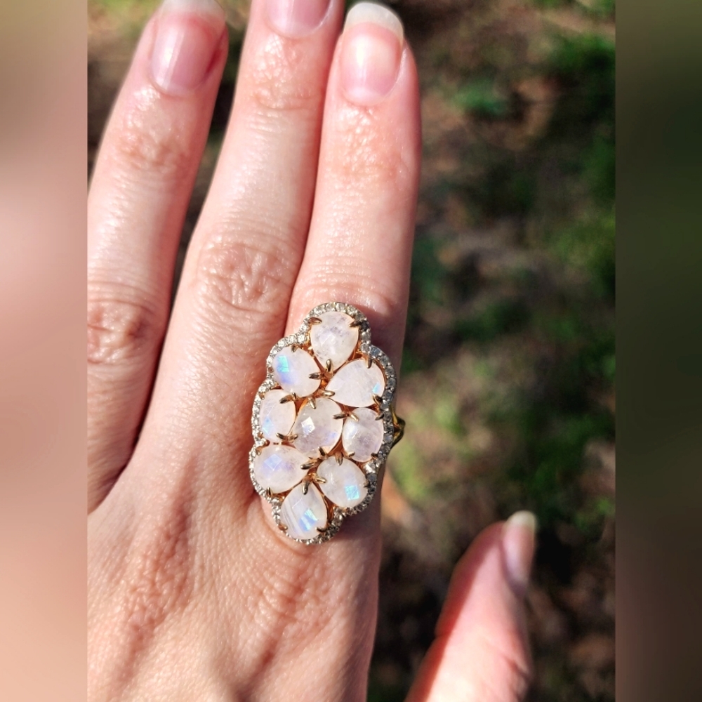 Carol Brodie Gold 925 Sterling Silver Moonstone and CZ Cluster Ring (001RING)